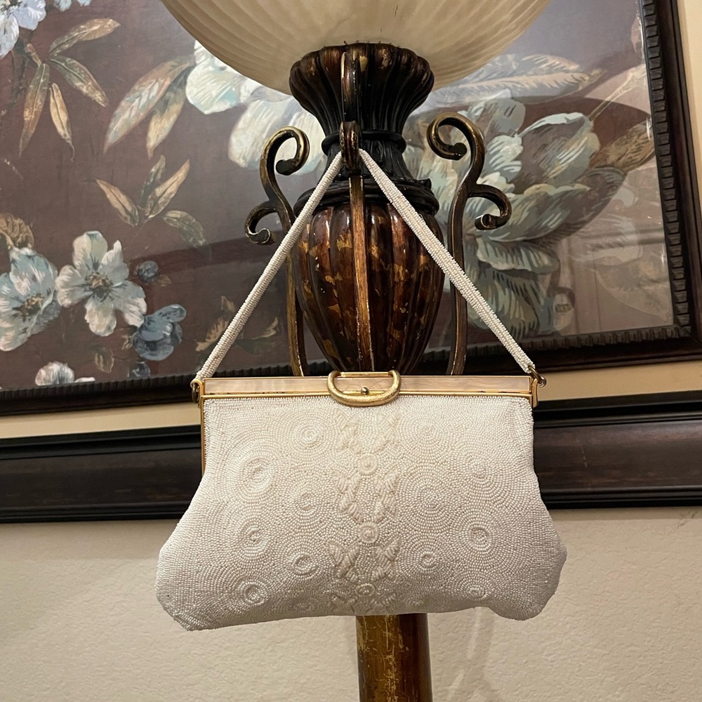 Vintage White Beaded Clutch with Gold Frame